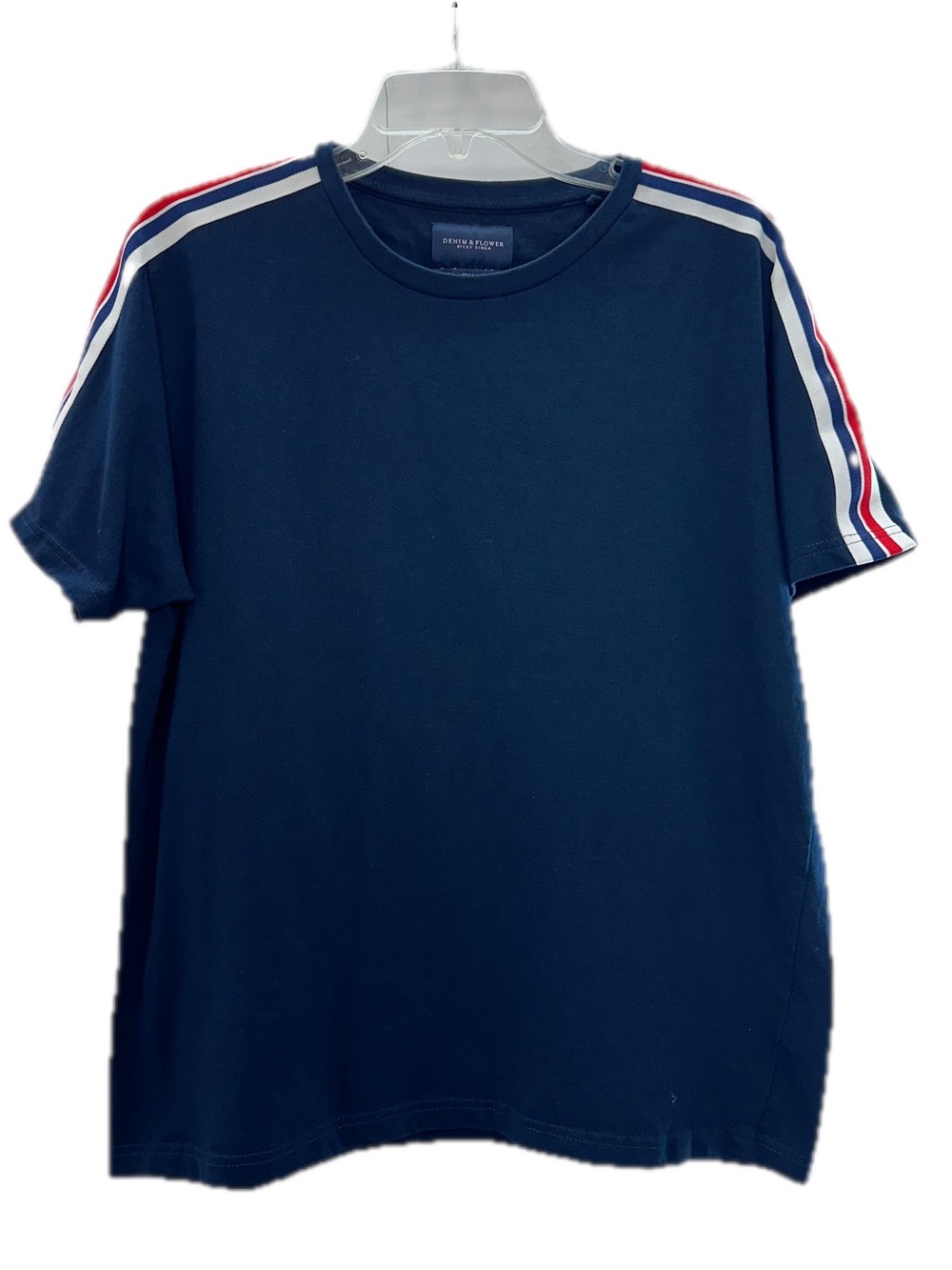Denim & Flower Navy Short-Sleeve Tee with Red and White Shoulder Stripes